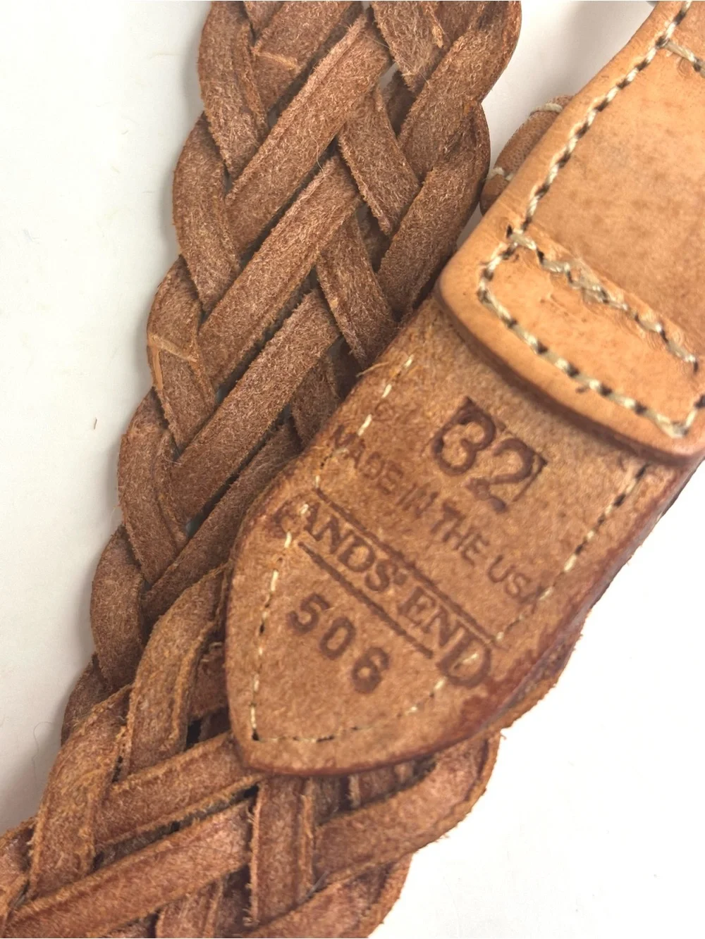 VTG Lands' End Tan Woven Braided Leather Belt Curved Brass Buckle size 32 Med